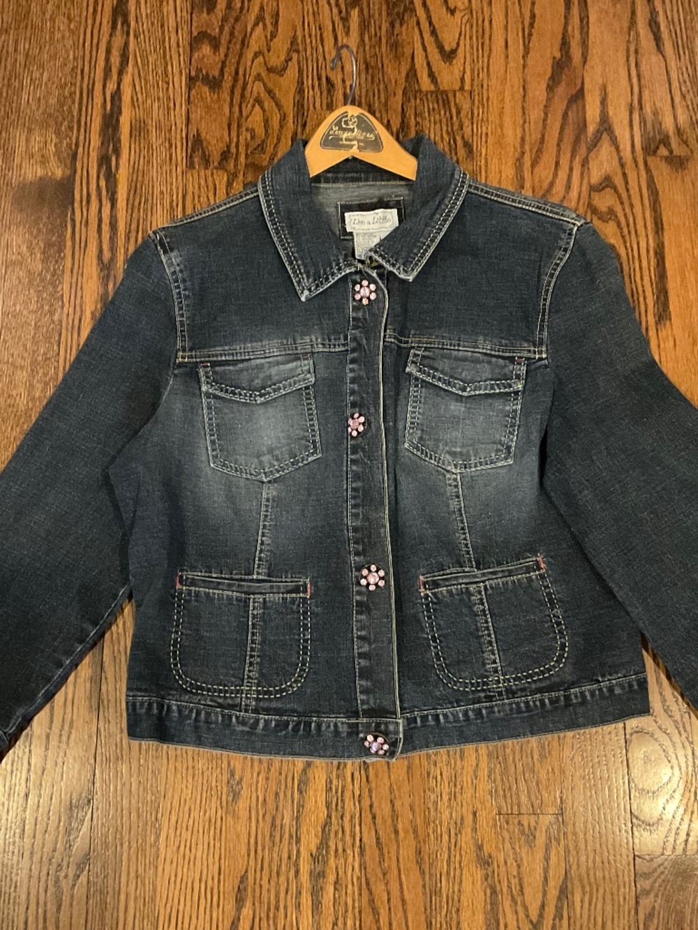 Live a Little brand women’s denim jacket, dark blue wash, size L